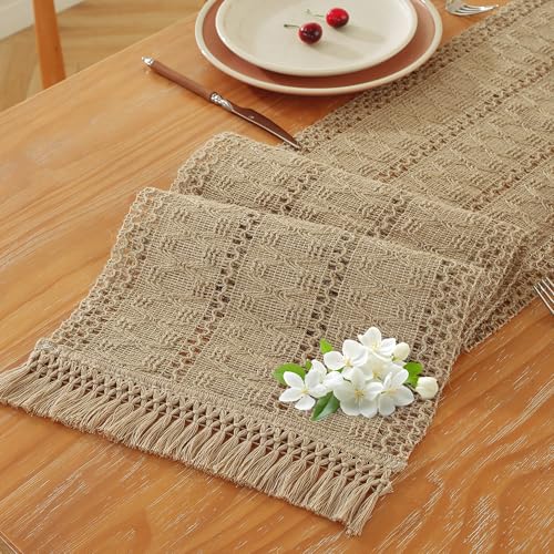 Brown Burlap Boho Table Runner 12 x 108 Inches with Tassels for Rustic Home Decor