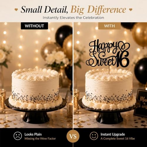 Elegant Black Glitter Sweet 16 Cake Topper for Birthday