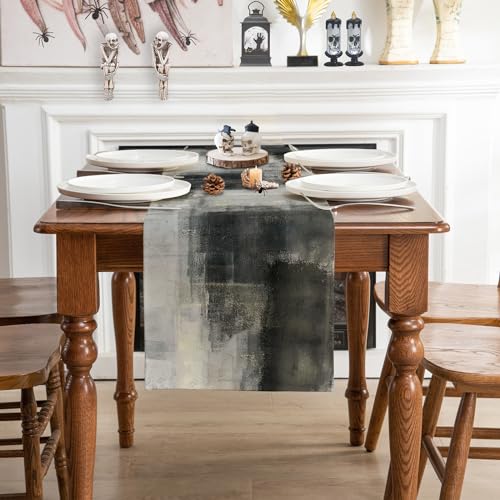 Black Grey Watercolor Table Runner 13x108 Inches - Durable Polyester Linen Blend