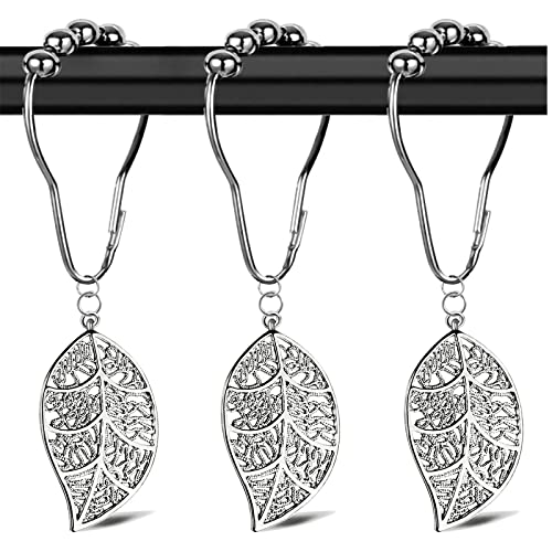 Silver Leaves Shower Curtain Hooks - 12 Pack Rust Proof Stainless Steel