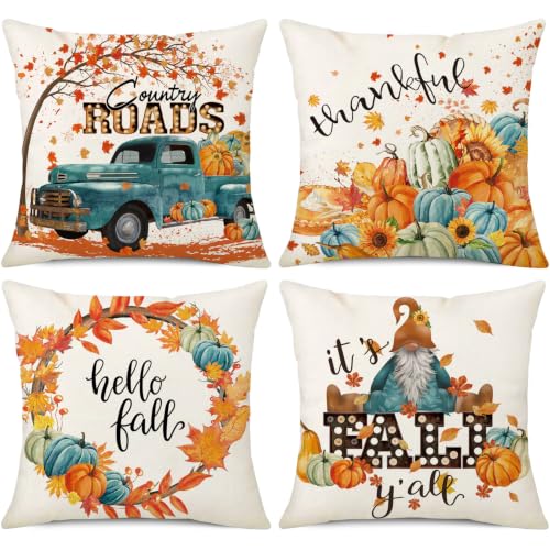 NIGHTWISH Fall Pillow Covers 18x18 (Set of 4) - Pumpkin & Maple Leaf Decor