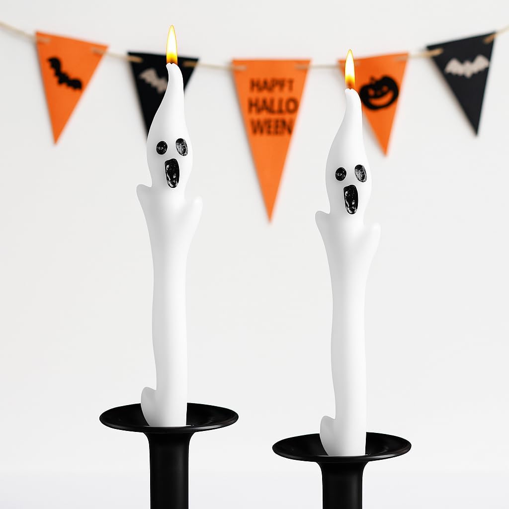Skiennix Halloween Ghost Candles Set - Cute Spooky White Taper Candles for Haunted House Decor | 2PCS