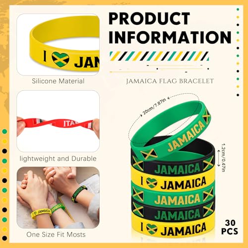 30 Pcs Jamaican Flag Silicone Bracelets - Patriotic Rubber Wristbands