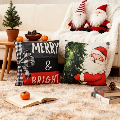 Haundry 4-Piece Christmas Pillow Covers, 18x18 Inch Red & White Holiday Set