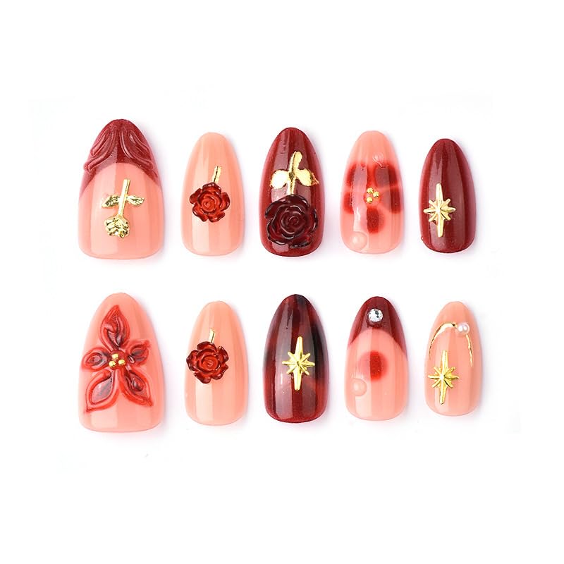 Valentines Press On Nails Medium Almond False Nails Rose Design 30Pcs
