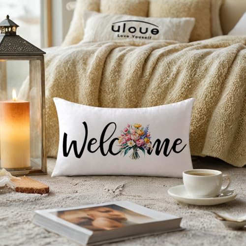 Welcome Floral Lumbar Pillow Cover, 12x20 Inch Watercolor Tulip Cushion Case