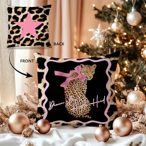 LUKIPOM Pink Bow Leopard Print Throw Pillow Cover 18x18