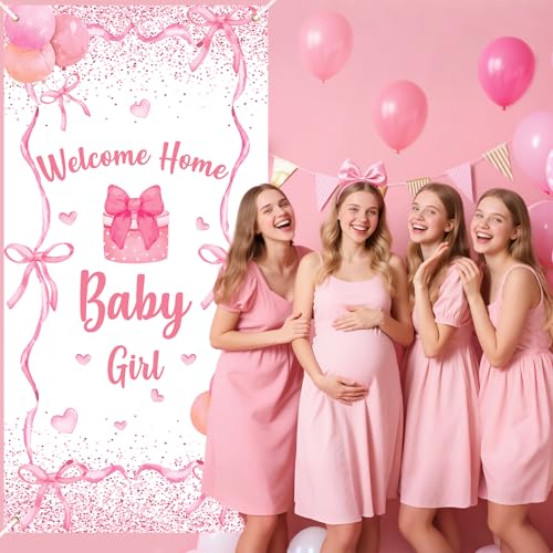 Welcome Baby Girl Door Cover Banner - Pink Bow Coquette Theme Decoration