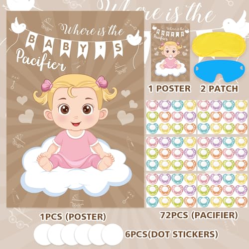 Baby Shower Pin the Pacifier Game Kit with Poster & Stickers