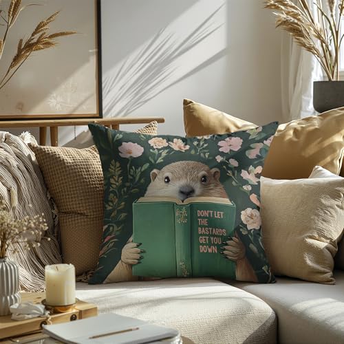 Groundhog Reading Motivational Throw Pillow Cover Set of 2 - 18x18 Flannel for Home & Office Decor