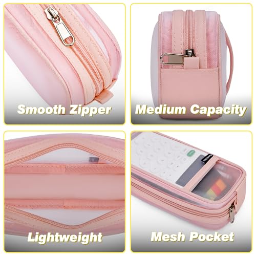Hsmihair Clear Mesh Pencil Case Large Pink Pen Pouch Organizer