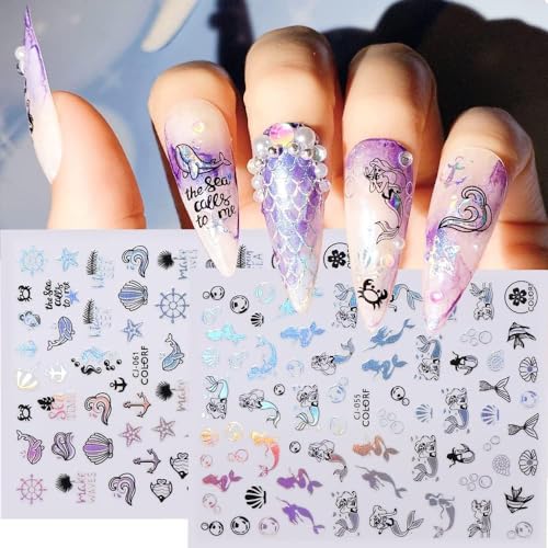 Qdsuh Summer Nail Decals - Holographic Palm Tree & Tropical Stickers, 8 Sheets