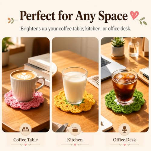 Flower Crochet Coasters Set of 5 - Cute Drink Protectors for Home