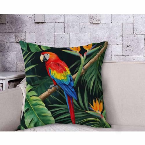 Watercolor Parrot Throw Pillow Cover - 18x18 Inch Cotton Linen Cushion