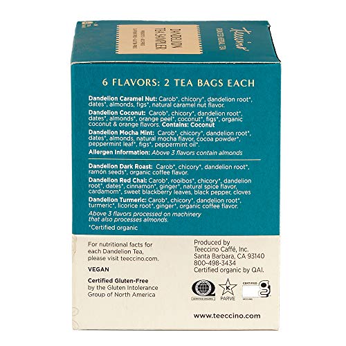 Teeccino Dandelion Tea Sampler - 12 Count Variety Pack, Caffeine-Free