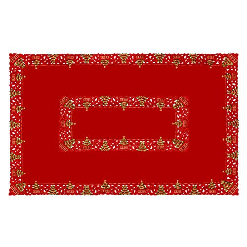 Christmas Holly Tree Embroidered Satin Tablecloth 57x101 Inches - Holiday Decor
