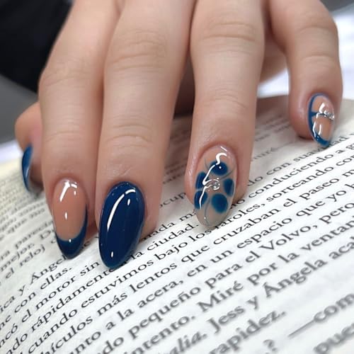 Blue French Almond Press on Nails with Rhinestones & Summer Flower Art