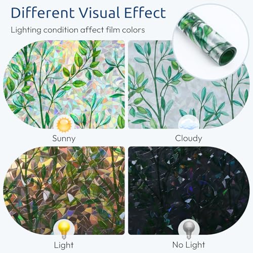 rabbitgoo Rainbow Window Privacy Film - Iridescent Green Foliage, 17.5" x 78.7" - UV Protection & Heat Control