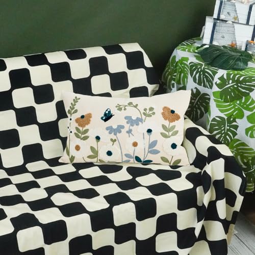Floral Embroidered Throw Pillow Cover 12x20 Inch - Blue Flowers