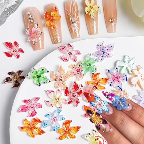 100 Pcs 3D Flower Nail Art Charms - Colorful Hibiscus Floral Rhinestones