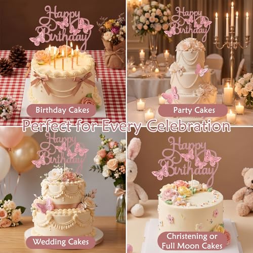 3D Pink Butterfly Cake Toppers Set with Happy Birthday Sign, 26Pcs
