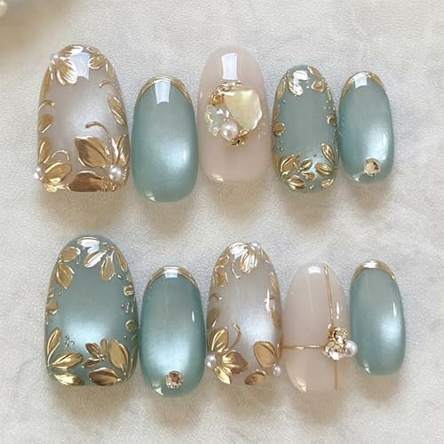 KAICCOSO Almond Press on Nails Medium Fall Cat Eye Fake Nails Gold Leaf 24Pcs