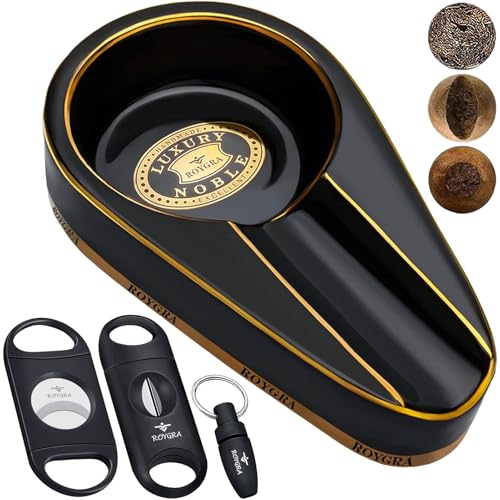 Roygra Black Cigar Ashtray Set with 3 Cutters for Outdoor Use