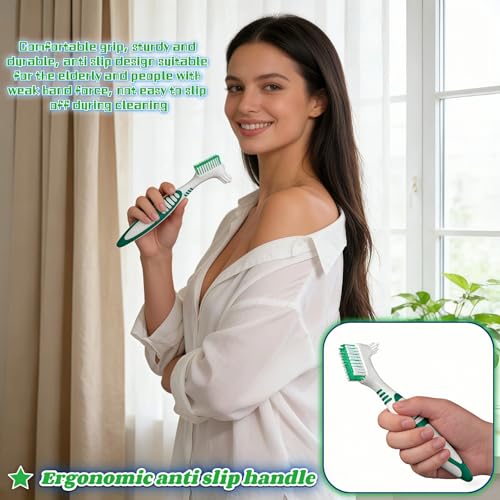 Denture Brush 2-Pack Dual Head Cleaner with Angled Bristles and Non-Slip Handle