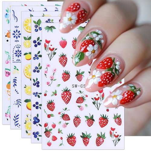 TailaiMei Fruit Nail Stickers - Self-Adhesive Fruit Nail Art Decals 5 Sheets