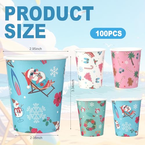 Christmas Disposable Paper Cups - Summer Christmas Style, 100 Pieces