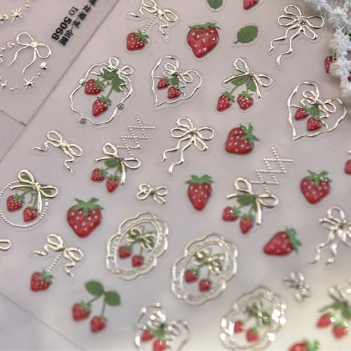 5D Strawberry Nail Art Stickers Self-Adhesive Bow Heart Decals