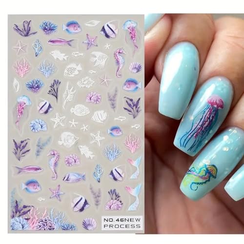 CEWEWP 3 Sheets Summer Ocean Nail Art Stickers 3D Self-Adhesive Decals