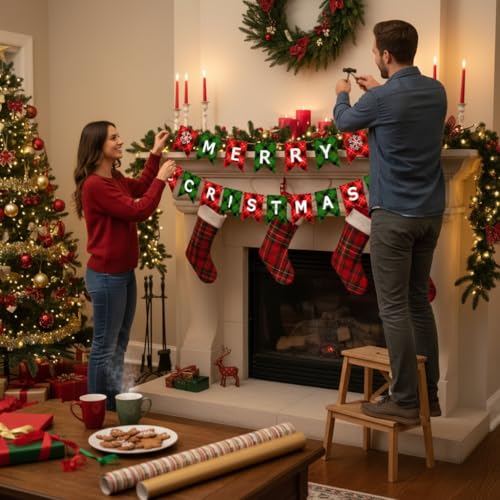 Merry Christmas Paper Banner with String for Fireplace and Wall Holiday Decor