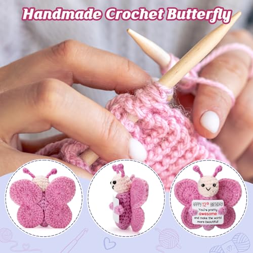 Pink Crochet Butterfly 12th Birthday Gift - Handmade 4" Amigurumi Plush