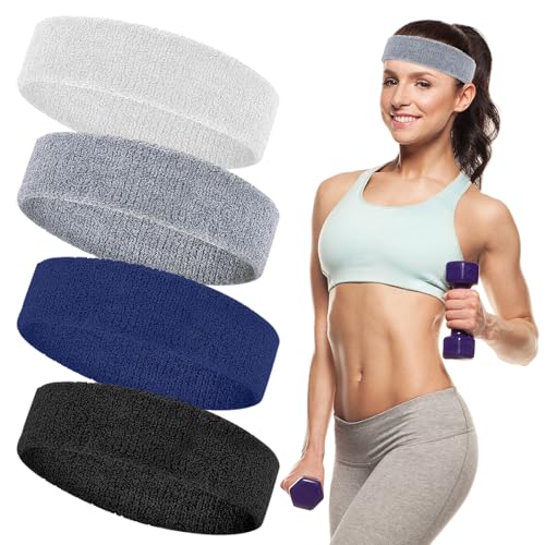 4 Pack Sweatbands for Men & Women ? Soft & Absorbent Cotton Terry Headbands for Sports, Gym, Running, Basketball, and Workouts