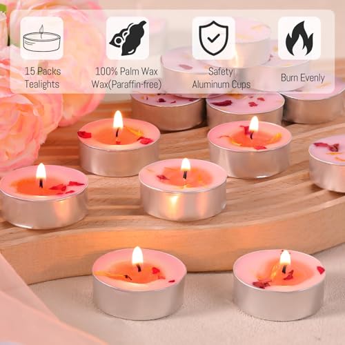 HAVITI Rose Scented Tealight Candles - 15 Pack, 4-Hour Smokeless Palm Wax