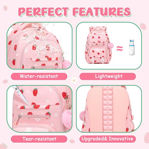 ASKSKY Girls School Backpack - Pink Strawberry Kawaii Bookbag for Teens