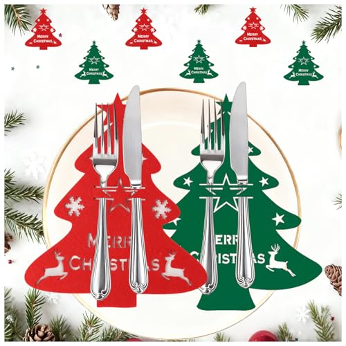 6Pcs Christmas Silverware Holder & Placemats Set Red Green Tree Decor