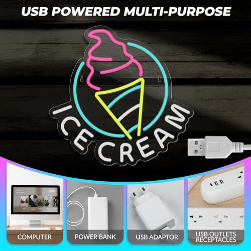 Ice Cream Neon Sign for Wall Decor Dimmable LED Light - Blue, For Ice Cream Shop & Party