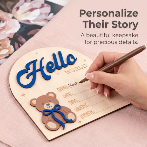 Wooden Hello World Baby Announcement Sign with Bear - Newborn Photo Prop