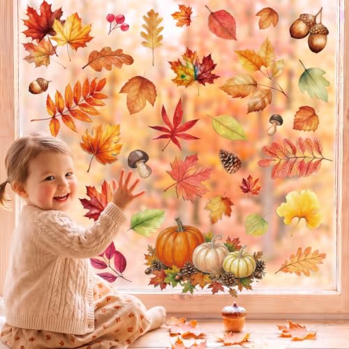 Fall Leaf Window Clings - 102 PCS Autumn Thanksgiving Stickers
