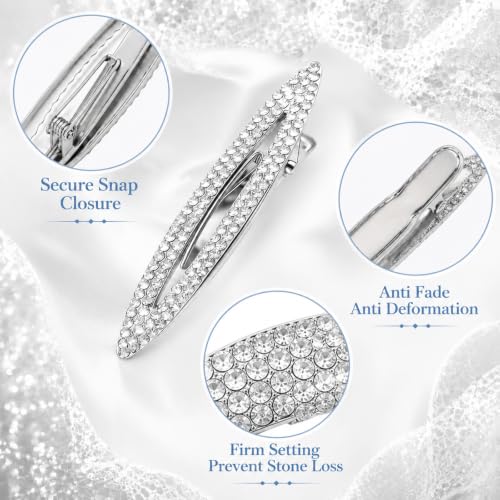 Rhinestone Hair Clips Set 4 Pcs 2.4 Inch Silver Metal Snap Barrettes