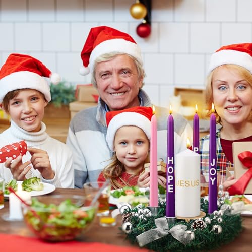 Christmas Advent Wreath Candle Holder Set with Pillar and Taper Candles - Silver, 5 Pieces - Holiday Decor