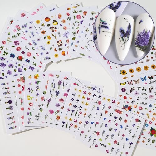 30 Sheets Flower Nail Stickers 3D Self-Adhesive Decals Manicure DIY