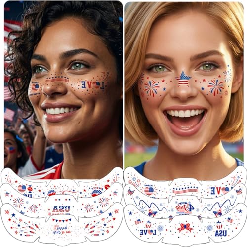 4th of July Temporary Face Tattoos - 10 Pack Patriotic USA Flag Stickers