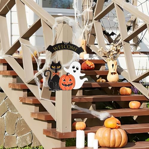 Large Wooden Halloween Wreath with Cat and Pumpkin for Front Door