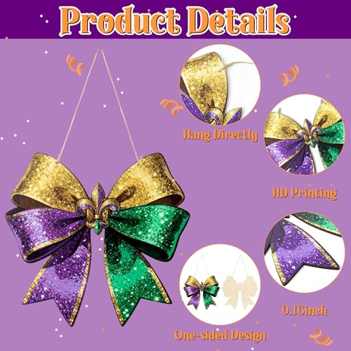 Mardi Gras Bow Shape Wooden Door Sign - 11.8x11.2 Inch Decor