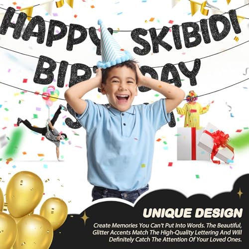 Pre-Strung Happy Skibidi Birthday Sigma Banner - Glittery Party Decoration