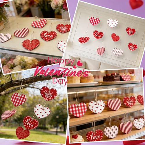 16Pcs Wooden Valentine Heart Ornaments Red White Plaid Hanging Decor