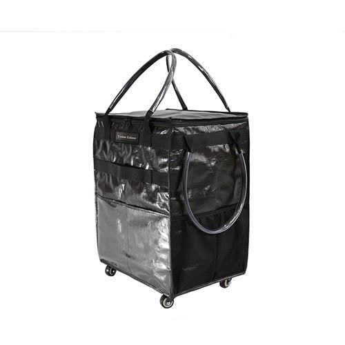 Reusable Grocery Bag On Wheels Large Capacity Shopping Trolley Foldable Rolling Tote with Outside Pocket, Heavy Duty Handle (Black, Large)